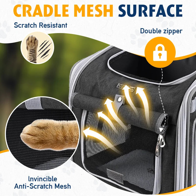 Dog or Cat Bike Basket, Expandable Soft Sided Pet Carrier Backpack with 4 Open Doors, Foldable Dog Bike Carrier