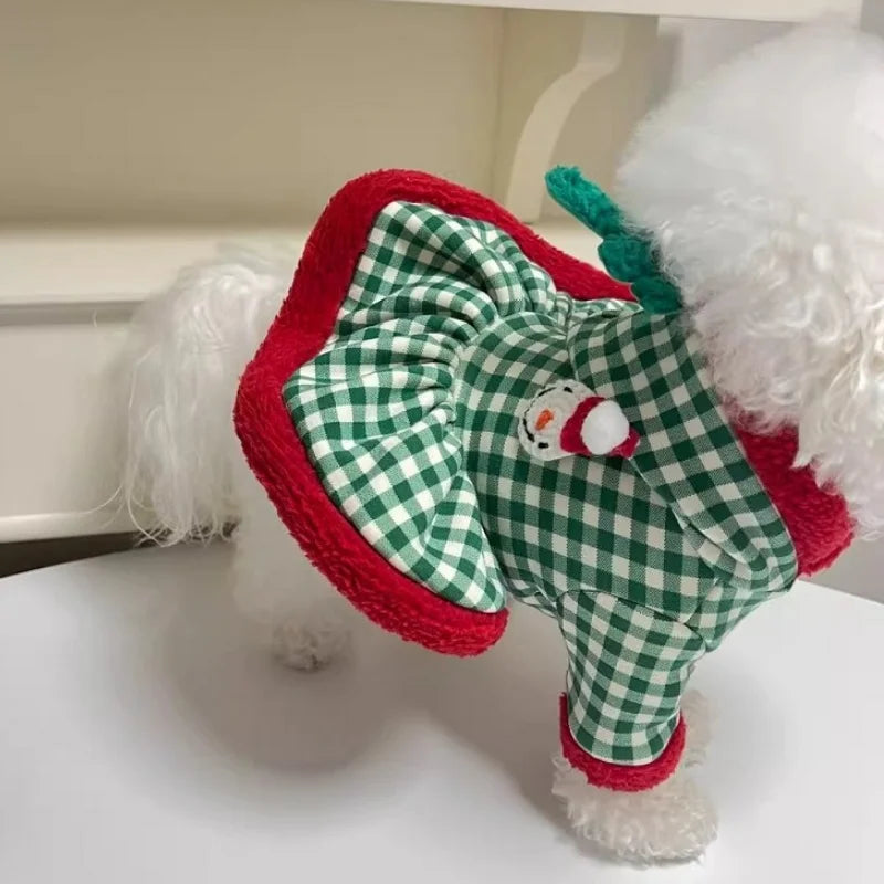 Fashion Plaid Dog Hoodies Christmas Pet Princess Dress Winter Warm Puppy Pullovers Snowman Pattern Cat Skirt Bichon Dog Clothes