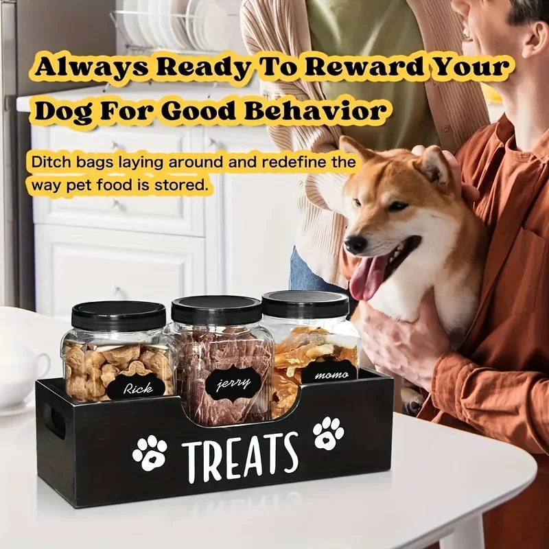 A wooden pet snack box with 3 sealed plastic cans Wooden Standing Pet Food Storage Container Box for Dog and Cat Treats