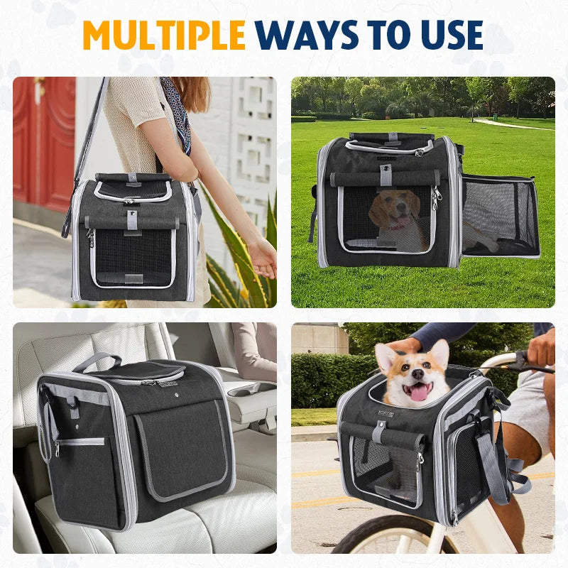 Dog or Cat Bike Basket, Expandable Soft Sided Pet Carrier Backpack with 4 Open Doors, Foldable Dog Bike Carrier